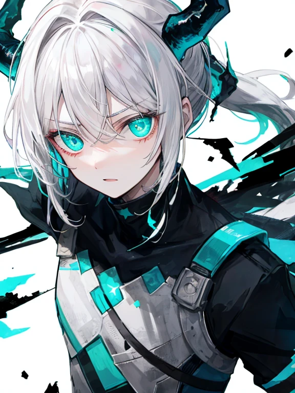 highest quality、muste piece、super detailed、perfect face、very detailed、very delicate、1 boy, (scared), (white hair)、ponytail、dark, shining eyes, Light green eyes,  holy, ,White tunic,race, full of confidence,  please keep your mouth shut、expressive eyes, collofull eyes, contrast, shadowy, muste piece, digital art, shining eyes, Intimidating, damaged, devilish, abstract background, white, black and teal、Let the bright, shining stars float in your hands、fear、universe