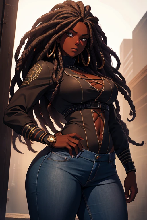 a young dark-skinned ebony woman with dreadlocks, detailed facial features, large curvy buttocks, wearing tight jeans, holding a gun, cinematic lighting, dramatic pose, photorealistic, highly detailed, intricate, hyperrealistic, 8k, HDR, emotional, powerful, intense expression