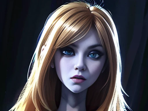 Attractive girl with big blue eyes, White skin, eyeliner blonde hair with bangs, voluminous lips, thin nose, slender body, nsfw big tits, Image 1.2, high resolution 12k gothic makeup fanart Awesome 