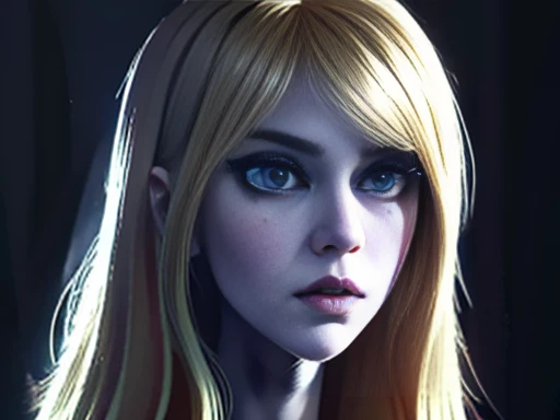 Attractive girl with big blue eyes, White skin, eyeliner blonde hair with bangs, voluminous lips, thin nose, slender body, nsfw big tits, Image 1.2, high resolution 12k gothic makeup fanart Awesome 