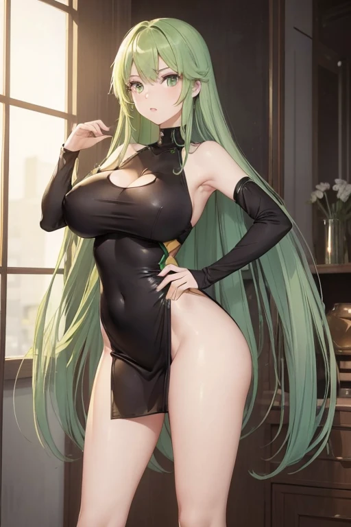 (1girl),(alone),(Full Body Portrait),(with face and body facing fourth wall:1.5),(white skin),(Long green hair and green Long green hair and green eyes),(young),(beautiful and super hot),(structured slim 1girl),(alone),(white skin),(long red hair Red eyes),(young),(beautiful and super hot),(slender body structured),(Super gigantic breasts:1.5),(height 1.75cm),(hot ass),(Wearing),+,(\a short, tight dress that accentuated her slim waist and full hips.)/