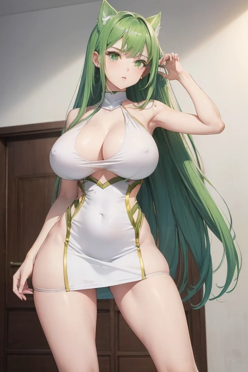 (1girl),(alone),(Full Body Portrait),(with face and body facing fourth wall:1.5),(white skin),(Long green hair and green Long green hair and green eyes),(young),(beautiful and super hot),(structured slim 1girl),(alone),(white skin),(long red hair Red eyes),(young),(beautiful and super hot),(slender body structured),(Super gigantic breasts:1.5),(height 1.75cm),(hot ass),(Wearing),+,(\a short, tight dress that accentuated her slim waist and full hips.)/