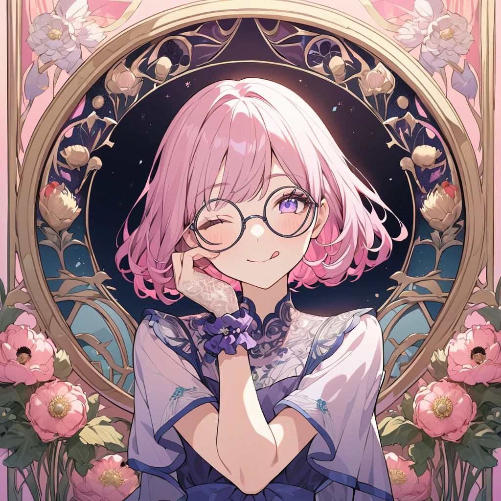Hiori Light Art, Backlight, Pink Theme, (Art Nouveau:1.2), (Background of Meandros:1.2), pastel colour, One girl, alone, Portraiture, Pink Hair、Round Glasses、Short Bob,birthday whole cake, Striped Hair, 彼女はbirthday whole cakeが乗った皿を持っている, (Long eyelashes:1.2), Light purple eyes, Round Glasses,Long eyelashes, Silk dress, Purple Dress, blue embroidery, Short sleeve, Birthday mood、Lace gloves, Wrist scrunchies, (Emphasis on high-quality fabrics, embroidery:1.2 ), close, (;q:1.1), Close one eye, Conceit, Mouth closed, tongue, Put your hand on your cheek, head_Tilt, (Emphasis on high-quality fabrics, embroidery:1.2), bloom, Shine, Perfect lighting, masterpiece, Highest quality, Incredibly absurd, Super detailed, reflection, chrysanthemum, Poppy, peony
