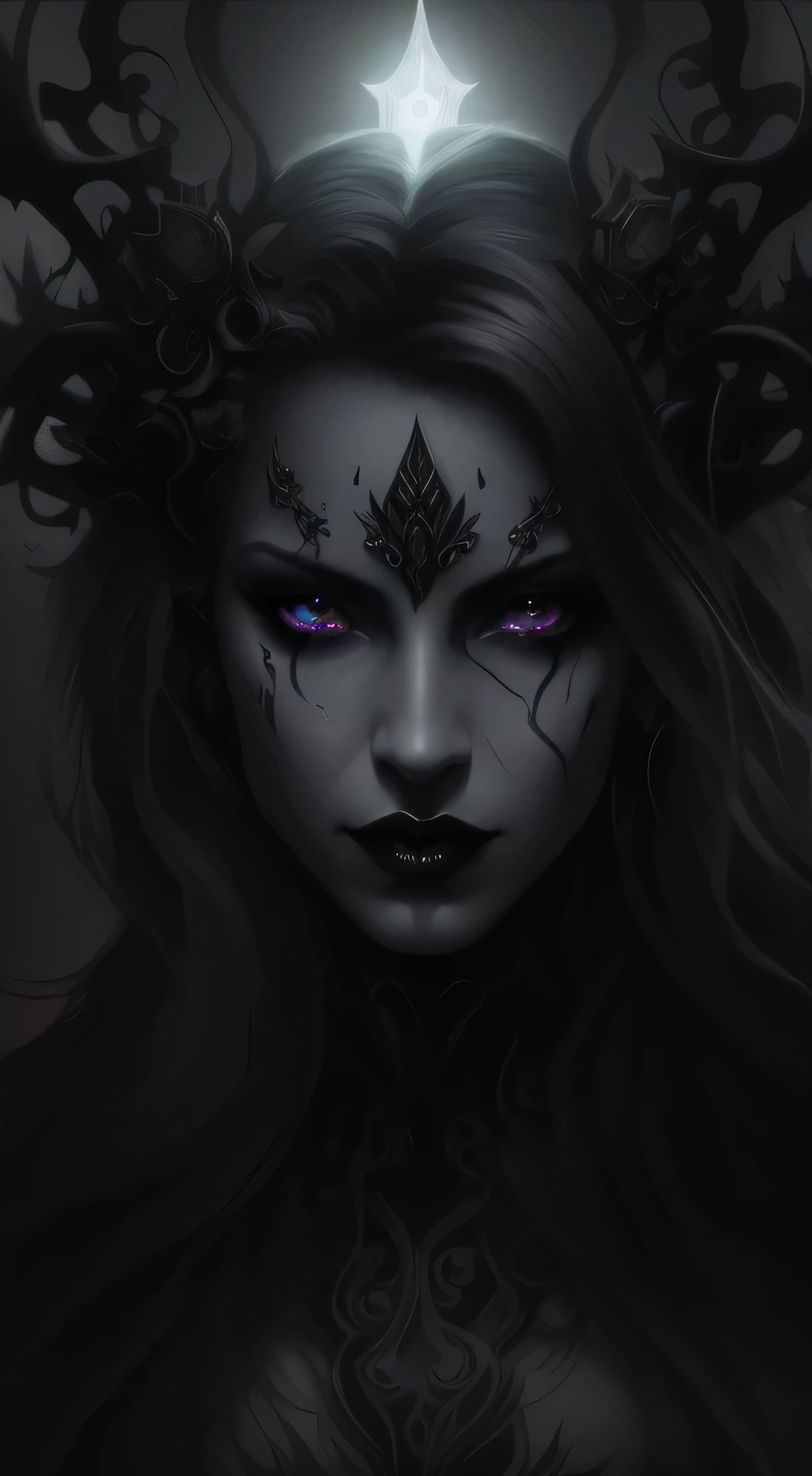a woman with horns and a face painted black, dark fantasy style art, detailed matte fantasy portrait, in style of dark fantasy art, dark fantasy mixed with realism, dark fantasy art, dark fantasy portrait, dark fantasy character design, beautiful dark elf countess, dark fantasy art, Gothic fantasy art, fantasy dark art, lolth, Retrato de uma ninfa de fantasia sombria, colour skin