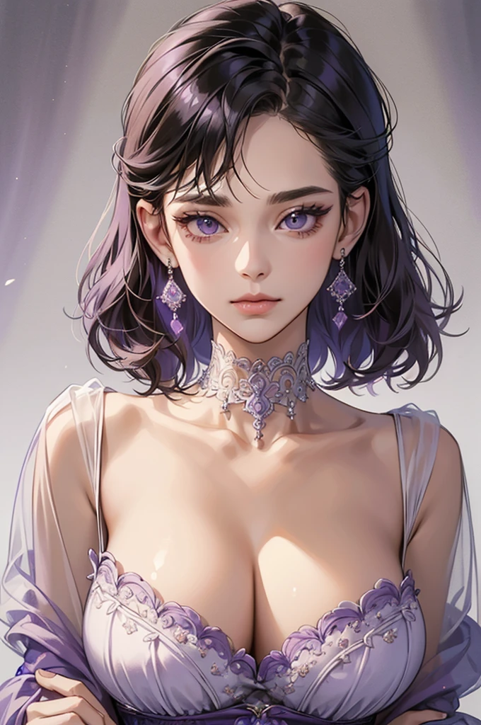 (extremely delicate and beautiful:1.2), 8k, (masterpiece:1.0), (best_quality:1.0), 1girl, solo, mature woman, huge breast, complex details, enlarged textures, complex details, finely detailed eyes and detailed face, intricate details, (cleavage), modern clothes, (closed mouth), perfect eyes purple, equal eyes, eyelashes, earrings, choker, jewelry, short hair black and purple