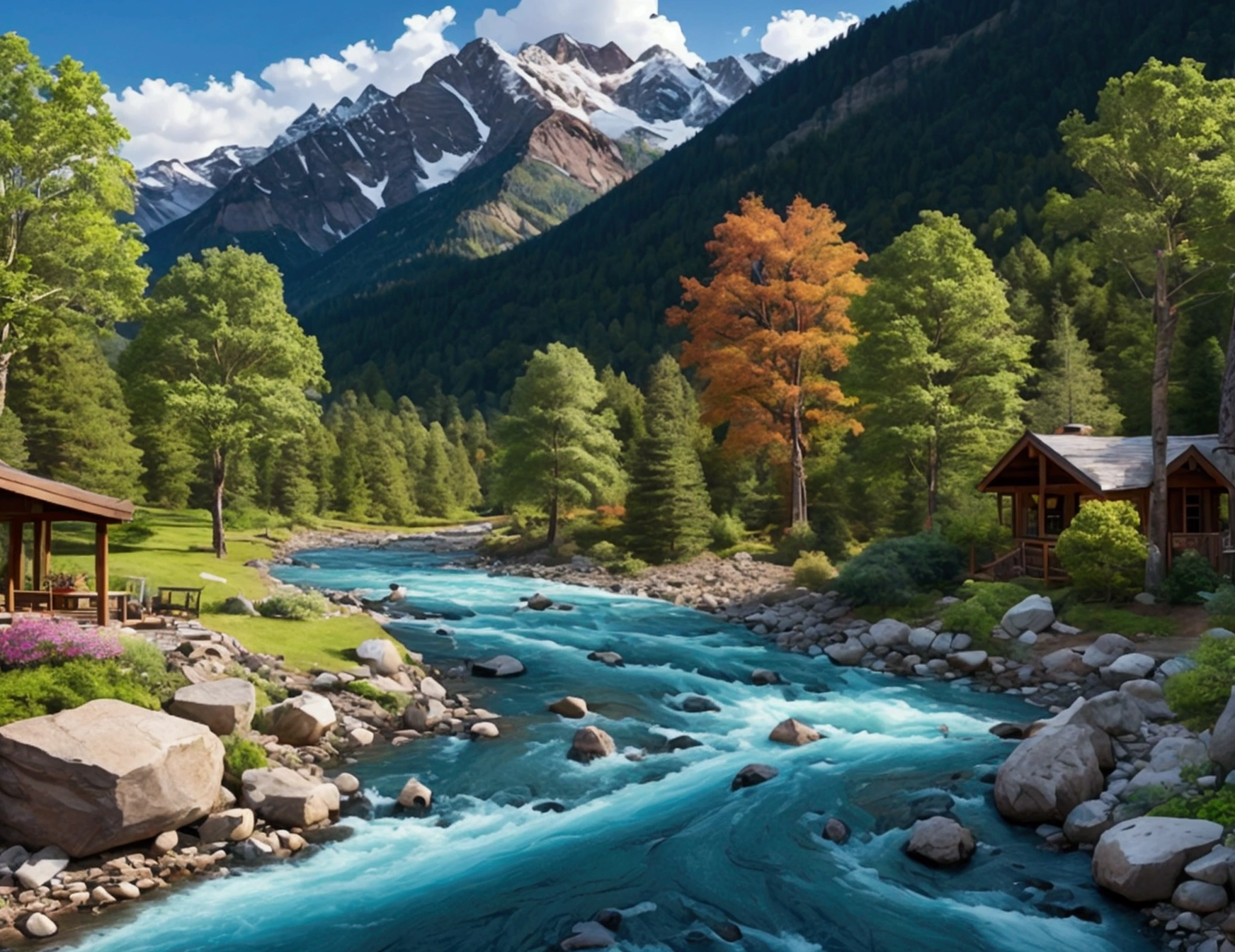 Create a beautiful, eye-catching and attractive Vinkg landscape with a mountain river and trees 