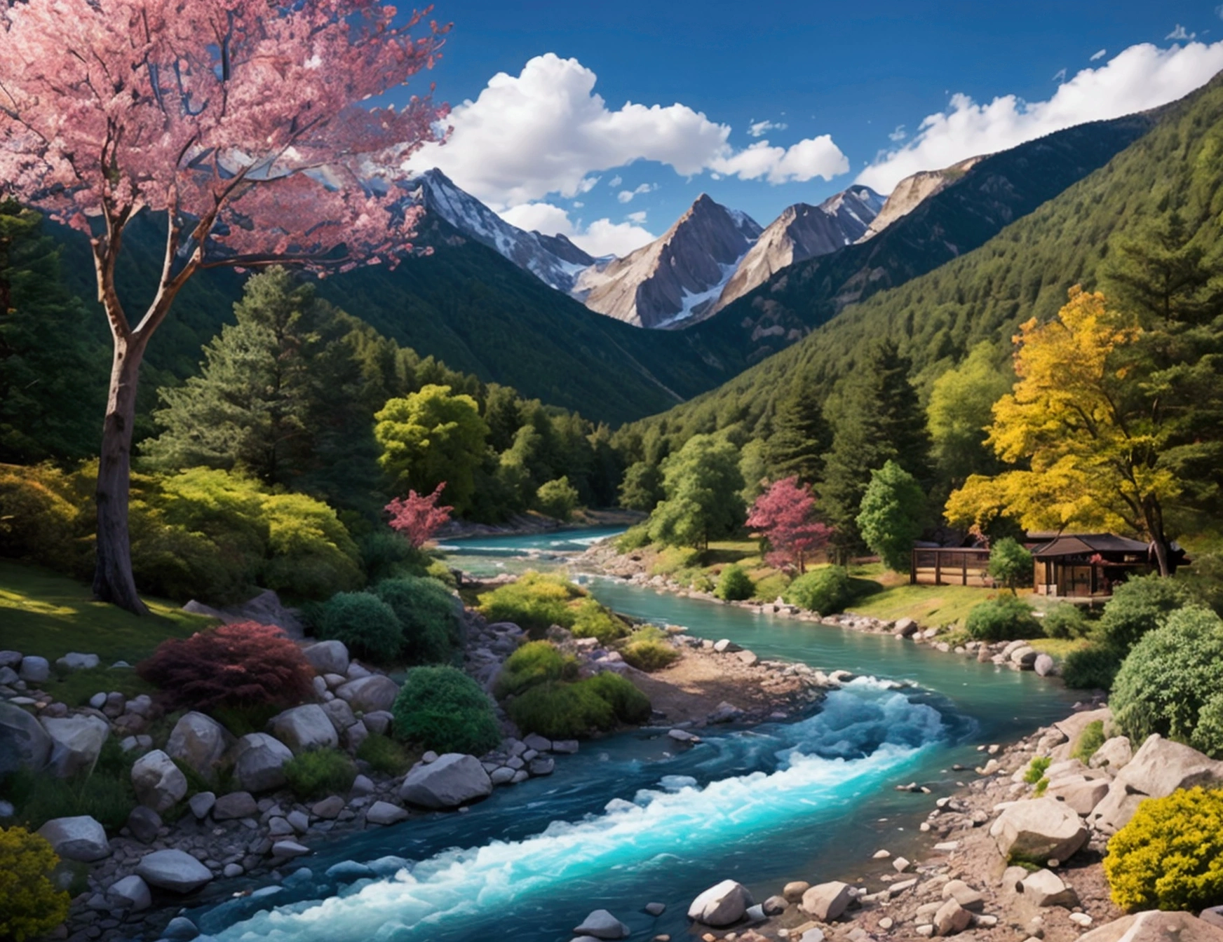 Create a beautiful, eye-catching and attractive Vinkg landscape with a mountain river and trees