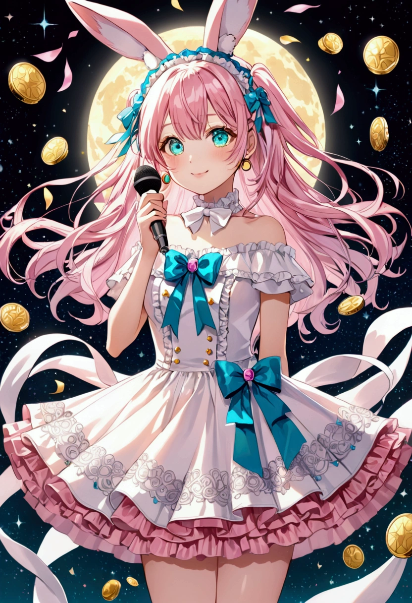 {{masterpiece, high quality, illustration ,intricate ultra detailed}}, {{{acrylic paint (medium),sharp focus,filigree,glaze,shine,glitter,lens flare,backlighting}}}},frontlighting, motion lines, motion blur, beautiful detailed eyes, 1girl, , {{ ta fashion}}, too many ribbons, pink ribbon,aqua ribbon, white ribbon,back ribbon, {{floating ribbon, long ribbon}}, blue ribbon, strings off shoulder,white clothes, pink socks,frill,layered skirt,pink short boots, light pink hair,aqua hair,silver hair, {{wavy hair}},{{two side up}}, light pink rabbit ears, light pink fox tail, aqua eyes,white pupils, twinkle eyes, symbol in eyes, {{heart ornaments}},{{{hyper voice}}},circle effect,sound effect,Microphone, holding microphone, spotlight, round wave, singing,{{{money, coins}}},dynamic angle,heart light,{{{psychokinesis, magical shine}}},jumping,rainbow reflection light,shiny hair,shining circle,smile, full moon, face focus,{{bow on ear}} ,dynamic angle,dynamic pose, grasping knee, crystal background,
