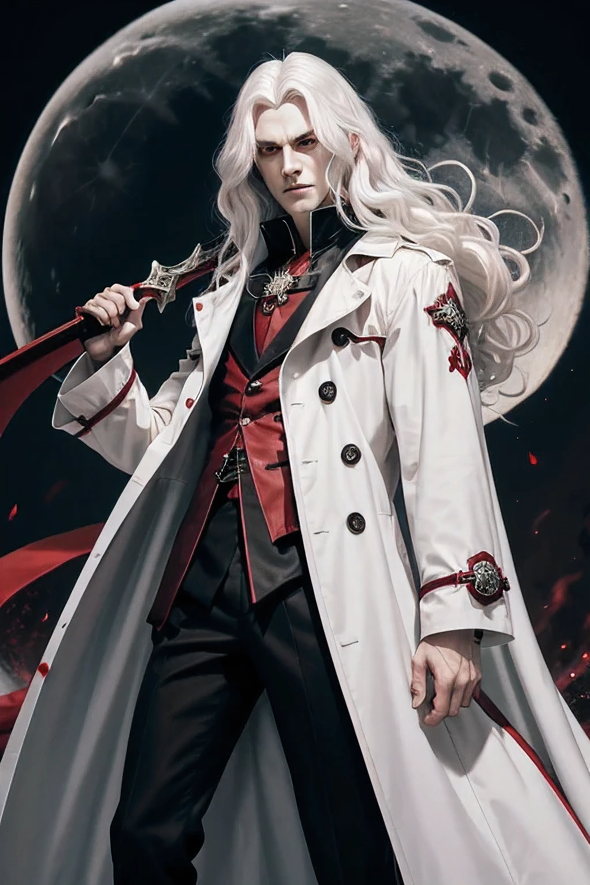 vampire cries blood red eyes awakens his power long wavy white hair black trench coat long sharp claws showing fangs full body full moon yellow color long sword black color damaged clothing family seal fire coming out of the body expelling fire from head to toe