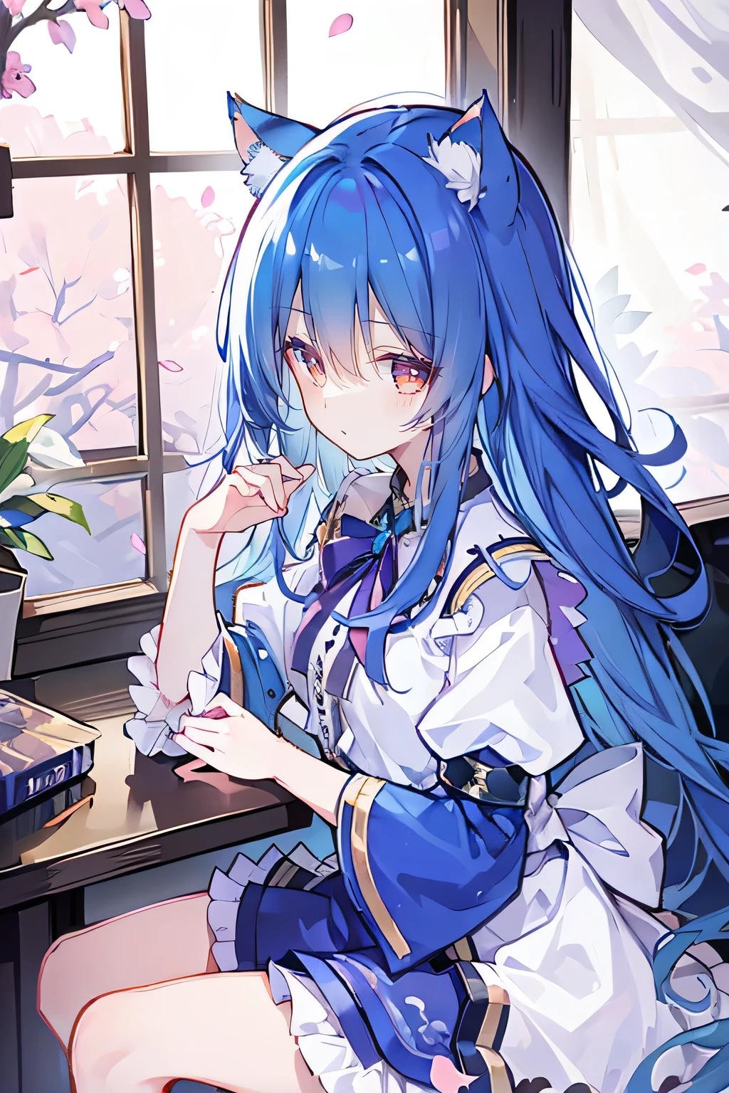 (masterpiece:1.2),Super detailed,lifelike,Expressive eyes,fair skin,perfect face shape,1 girl,
Japanese comics,Gorgeous blue hair,flowing blue hair,flowing clothes,Cat ears,Petals fall,beautiful lola,Baby Angel,
Shaking head with one hand,Cross your legs,,The pavilion is cool and comfortable,smile,back views,sunrise,Petals fall,sunrise,sitting on window sill drinking coffee and looking out the window。