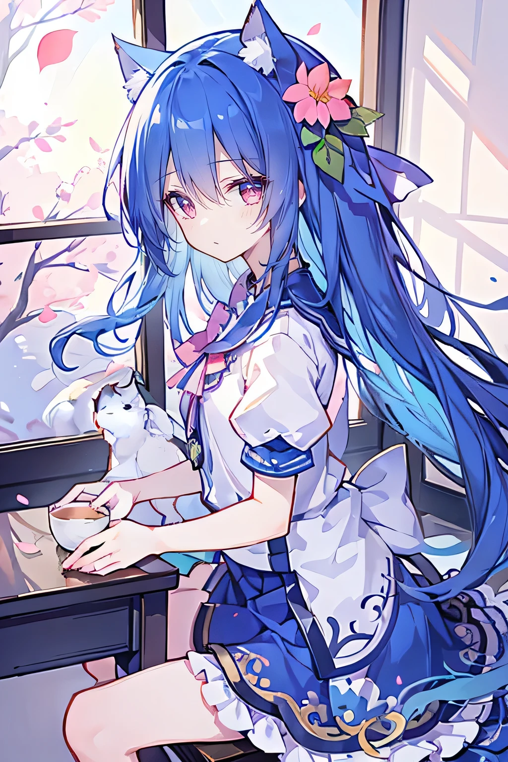 (masterpiece:1.2),Super detailed,lifelike,Expressive eyes,fair skin,perfect face shape,1 girl,
Japanese comics,Gorgeous blue hair,flowing blue hair,flowing clothes,Cat ears,Petals fall,beautiful lola,Baby Angel,
Shaking head with one hand,Cross your legs,,The pavilion is cool and comfortable,smile,back views,sunrise,Petals fall,sunrise,sitting on window sill drinking coffee and looking out the window。