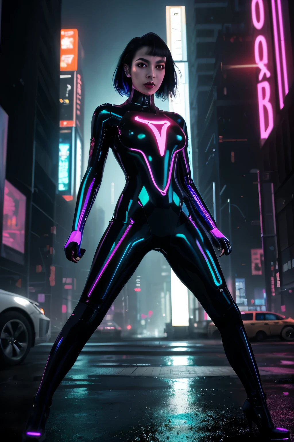 
(best quality, highres:1.2), ultra-detailed, (realistic:1.37) A sexy tron girl, vibrant holographic colors, with glowing lines tracing her curves. (futuristic, cyberpunk) vibe, light projections highlighting her sleek metallic suit, (electric blue) and (neon purple) illuminating her luminous figure. She confidently strikes (strong, fierce, powerful) fighting poses, showcasing her agility and strength. (bright, sharp) eyes pierce through the darkness, (sparkling, mesmerizing) with intensity and determination. Her (luscious, glossy) lips, radiating a (subtle, seductive) smile, hint at her playful yet fierce nature. The background is a (dystopian, futuristic) cityscape filled with towering skyscrapers, (reflecting off the wet streets, adorned with holographic billboards) casting an (eerie, vibrant) glow. Strategically positioned (light beams, spotlights), (accentuating, illuminating) her silhouette, draw attention to her captivating presence. The painting style is a mix of (digital illustration, digital painting), combining (photo-realistic) details with (stylized, sleek) elements. The entire scene bathes in a (cool, neon) color palette, with (bright, contrasting) hues adding depth and interest. The lighting is (dynamic, dramatic), casting (shadows, highlights) that bring depth and dimension to the tron girl and the surroundings.