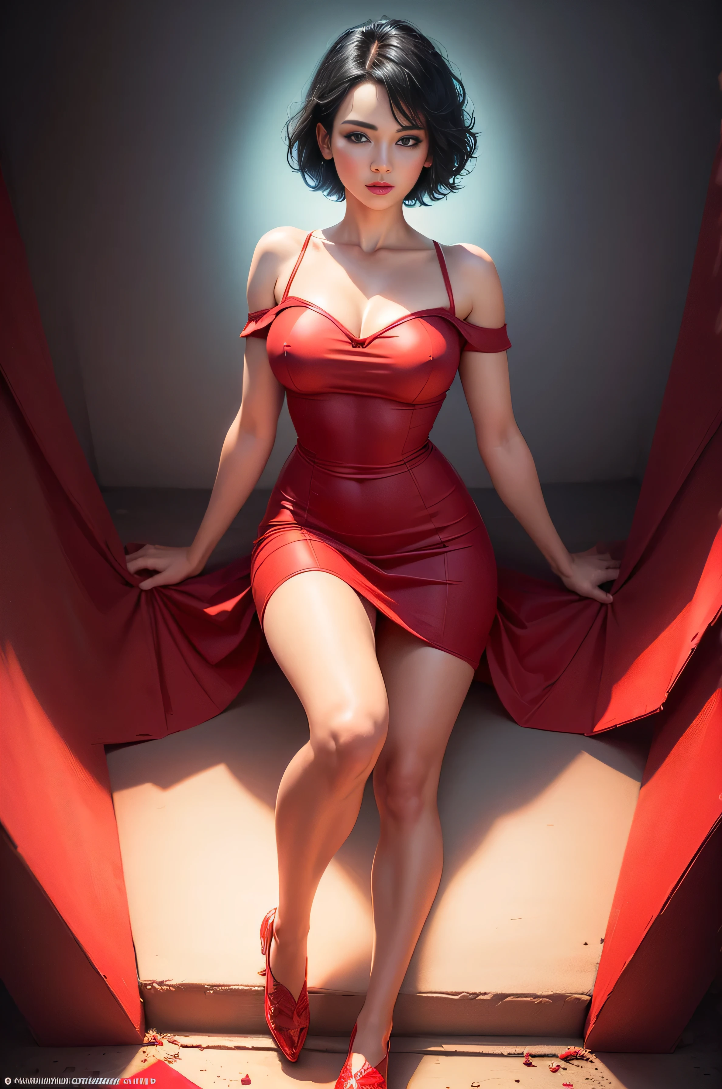 (best quality,ultra-detailed,realistic:1.37),woman dressed in a short red dress, beautiful detailed eyes, beautiful detailed lips, short black hair, happy and excited face, red shorts, holding a blue Christmas present, expressive pose, artistic lighting, portrait, contrasting colors, dynamic composition, colorful Christmas background , (full body:1.5)