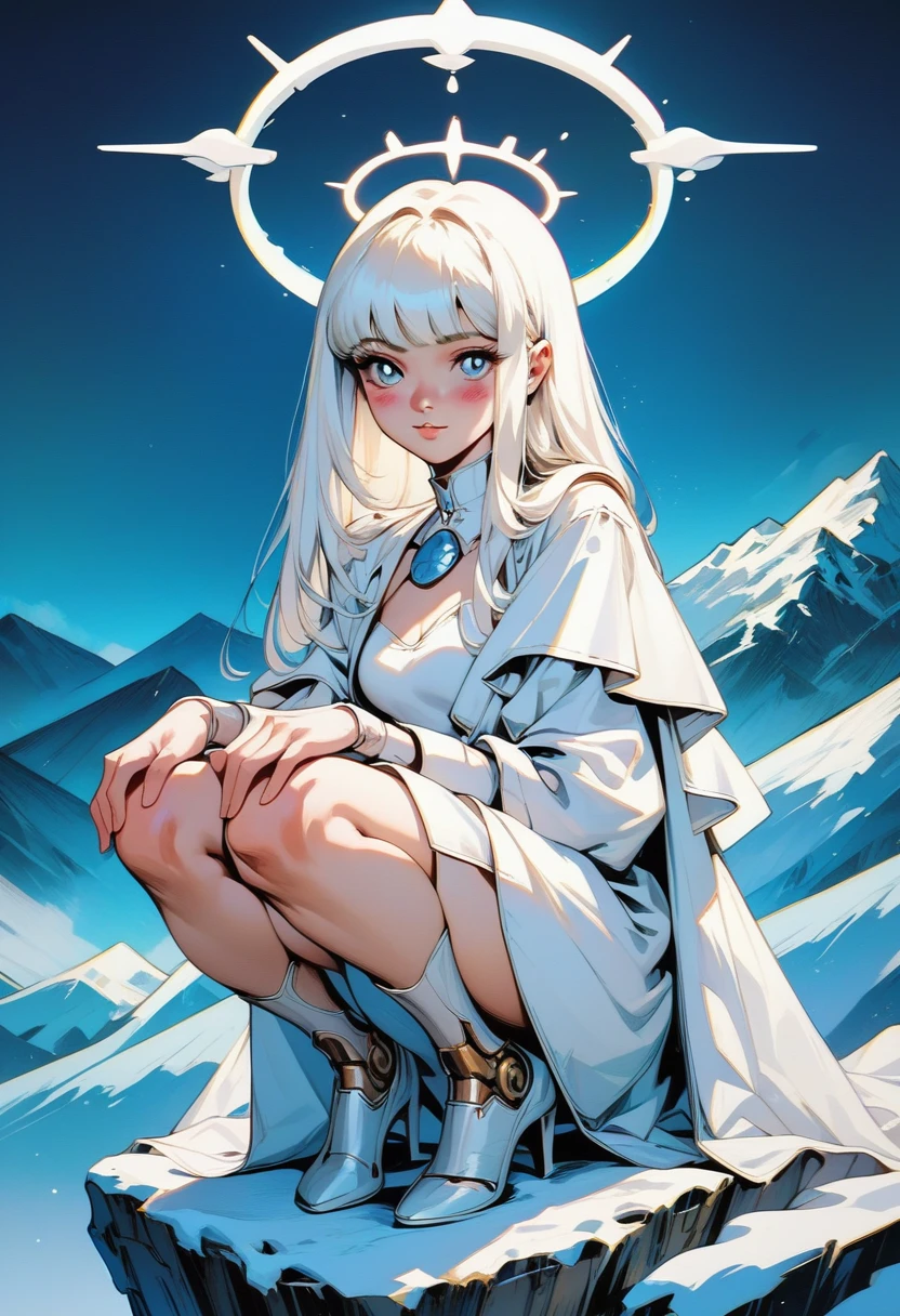 (score_9, score_8_up, score_7_up), zPDXL, 1 girl, alone, looking at viewer, crouching, hands on knees, white cat, mountain background, white hair, blue eyes, full body, long hair, white dress, bright white hair, white halo of light, halo, metallic pendant, blushing cheeks, white cat, mountain with a bit of snow, beautiful girl crouching with a halo of light, retro style, white cape, blunt bangs, white aura,