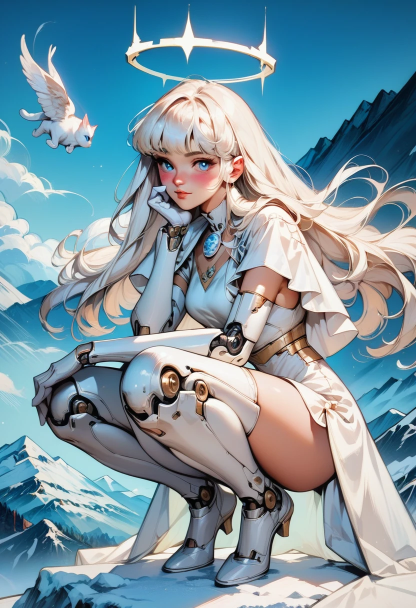 (score_9, score_8_up, score_7_up), zPDXL, 1 girl, alone, looking at viewer, crouching, hands on knees, white cat, mountain background, white hair, blue eyes, full body, long hair, white dress, bright white hair, white halo of light, halo, metallic pendant, blushing cheeks, white cat, mountain with a bit of snow, beautiful girl crouching with a halo of light, retro style, white cape, blunt bangs, white aura,