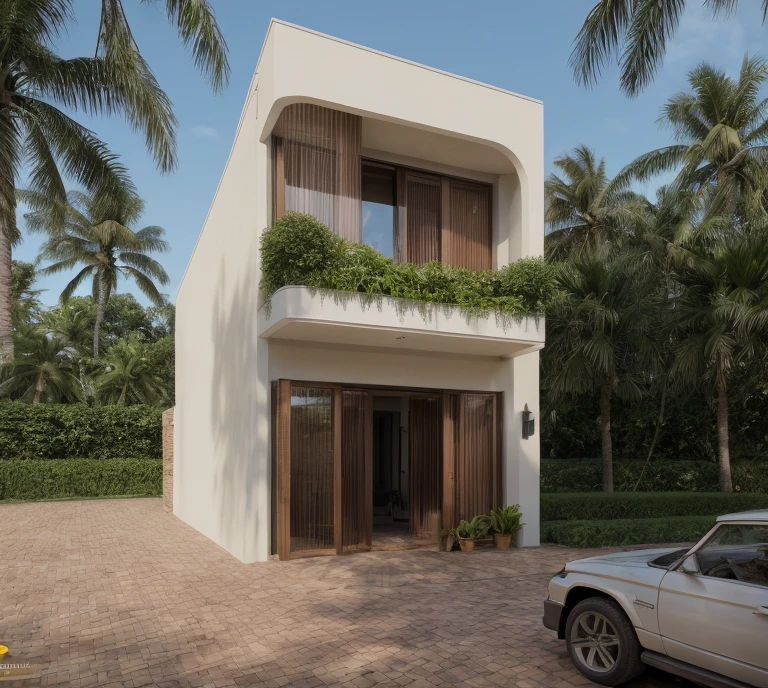 RAW photo,Masterpiece, high quality, best quality, realistic, super detailed,
(exterior: 1.1), modern garden house, material between (brick:1.1) and Terracotta wall, arched door wooden , empty cell wall, beautiful landscape design, wide road in front of the house, (tropical trees), blue sky, soft daylight lightweight,
(high detail: 1.2) ), 8k uhd, high quality