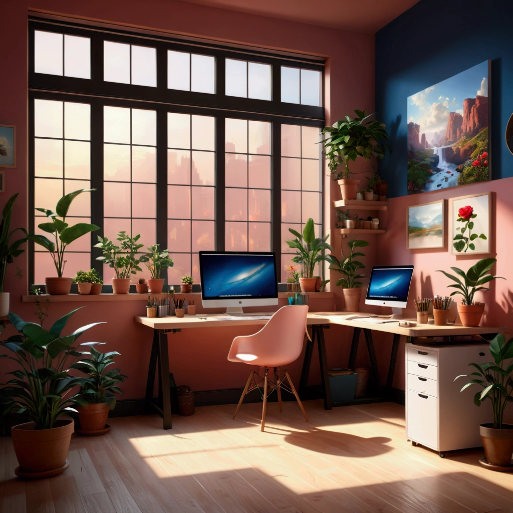 ((Inspired by TJ Drysdale)), a design studio, highly detailed, intricate background, elegant creative workspace, stylish modern interior, large windows, natural lighting, various art supplies and tools, computer setup, 3d printer, sketches and artworks on the walls, potted plants, warm color scheme,Shining fluorescent feeling,transparency,Textured Matte,Rose red,blue, (best quality,4K,8k,highres,masterpiece:1.2),(realistic,photorealistic,photo-realistic:1.37),concept art,cinematic lighting,studio lighting
