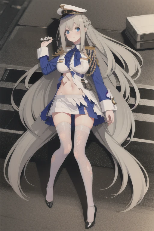 lexington \(warship girls r\),((Best quality))),((Ultra-detailed)),((illustration)),((Disheveled hair)),((frilld)),(1 girl),(Solo),
1girl, blue eyes, braid, breasts, damaged, hat removed, long hair, long sleeves, solo, thighhighs, torn clothes, torn legwear, torn shirt, torn skirt, white headwear, military, white military uniform, white naval uniform, gray hair