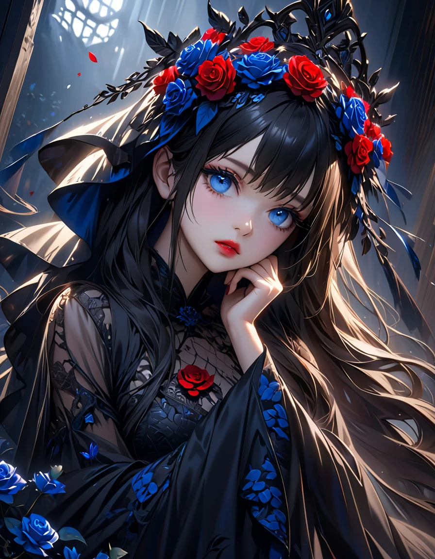 dramatic angle, beautiful detailed eyes, beautiful detailed lips, extremely detailed eyes and face, longeyelashes, beautiful and cute young girl, a princess of the underworld, a gloomy expression, a downcast face, looking up, hand on mouth, white and black gradation hair, through bangs, flowing hair, a black race sheer veil adorned with blue-black roses, an exquisitely beautiful black dress adorned with blue-black roses, a gloomy underworld background, (highest quality,16k,highres,masterpiece:1.2),ultra-detailed,(ultra-realistic,photo-realistic:1.37),HDR,UHD,studio lighting,ultra-fine painting,sharp focus,physically-based rendering,extreme detail description,professional,vivid colors,dark gothic,dramatic lighting,chiaroscuro,mysterious,melancholy,somber,surreal,fantasy