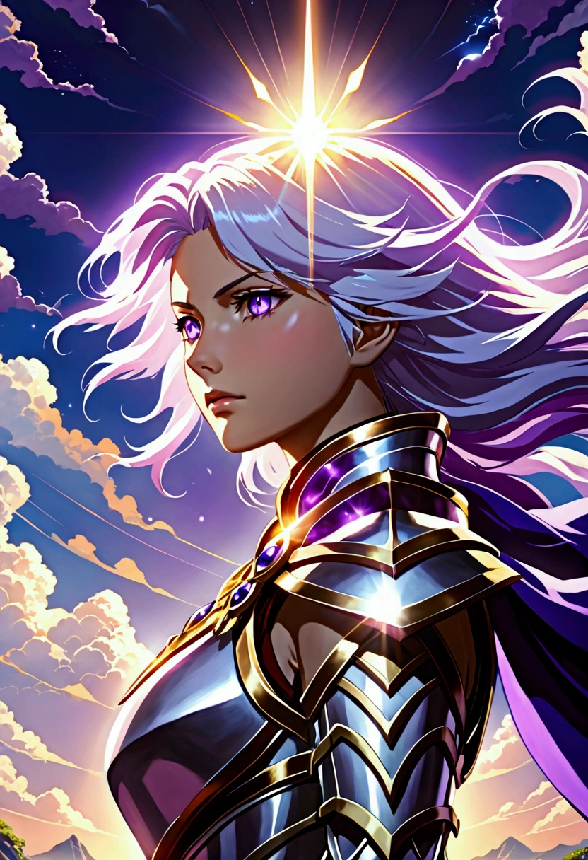 ((((close up)))), a anime character with purple background, cinematic ray, godrays digital painting, natalie from epic battle fantasy, ray of light, fantasy style anime, Ray of the Gods, Sunbeam, cinematic | | very anime!!!, epic anime style, epic anime fantasy, Right Godrays, cinematic | | lots of anime, sharp lighting from sun rays