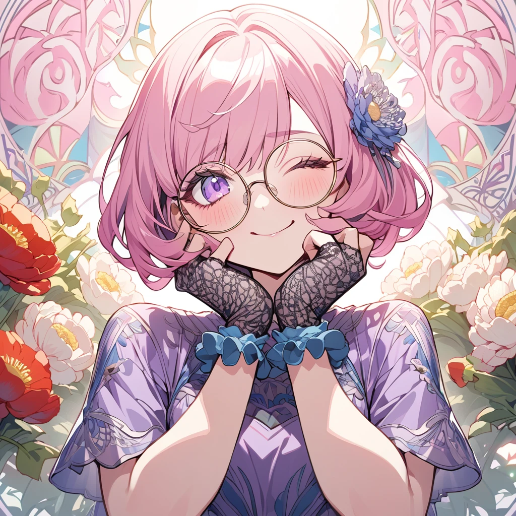 Hiori Light Art, Backlight, Pink Theme, (Art Nouveau:1.2), (Background of Meandros:1.2), pastel colour, One girl, alone, Portraiture, Pink Hair、Round Glasses、Short Bob,birthday whole cake, Striped Hair, 彼女はbirthday whole cakeが乗った皿を持っている, (Long eyelashes:1.2), Light purple eyes, Round Glasses,Long eyelashes, Silk dress, Purple Dress, blue embroidery, Short sleeve, Birthday mood、Lace gloves, Wrist scrunchies, (Emphasis on high-quality fabrics, embroidery:1.2 ), close, (;q:1.1), Close one eye, Conceit, Mouth closed, Put your hand on your cheek, head_Tilt, (Emphasis on high-quality fabrics, embroidery:1.2), bloom, Shine, Perfect lighting, masterpiece, Highest quality, Incredibly absurd, Super detailed, reflection, chrysanthemum, Poppy, peony