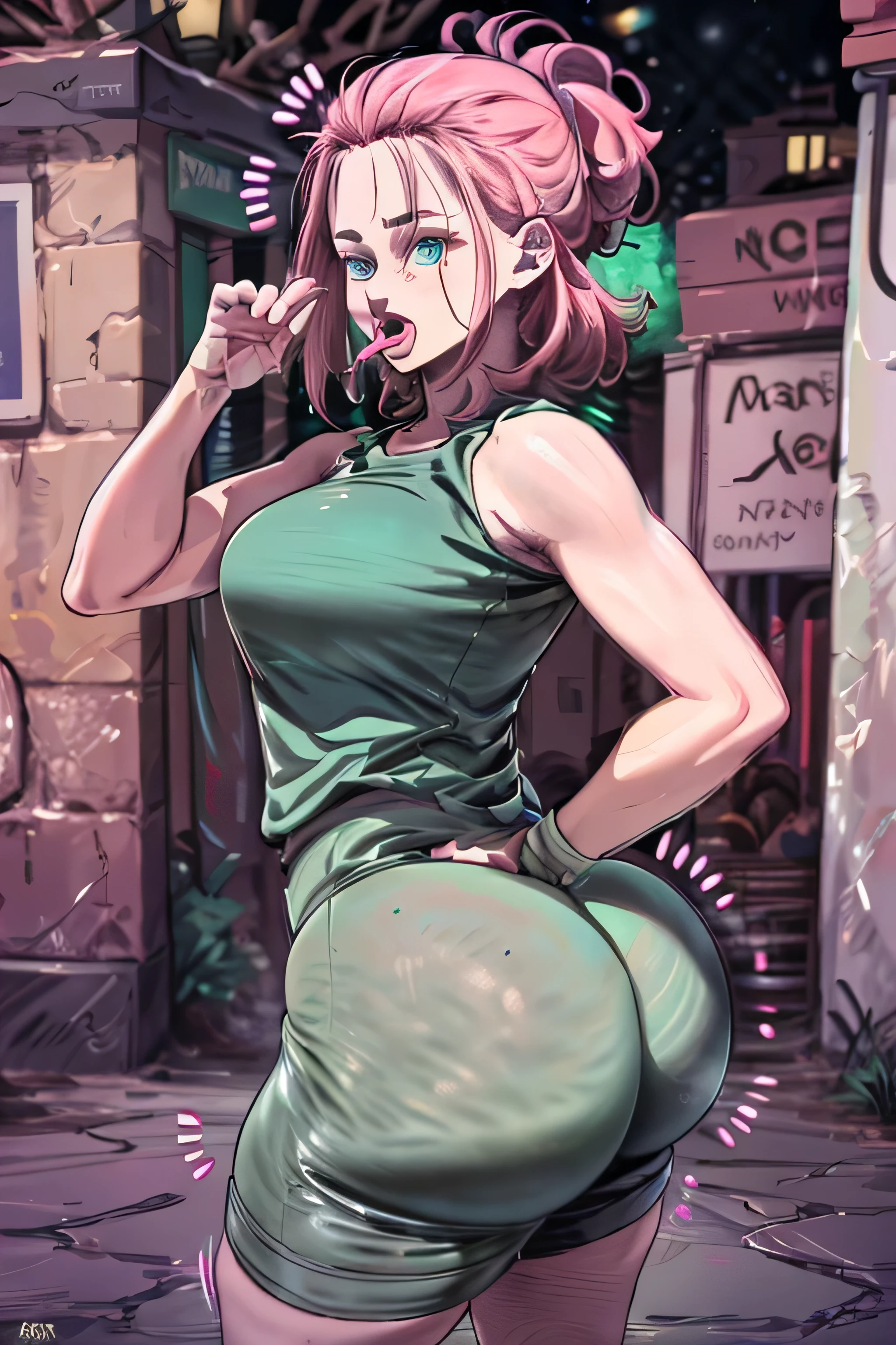 Facing away from camera, looking over shoulder, full body visible, pink skin, mina ashido, pink hair, 1girl, background, blush, short hair, big breasts, tomboy, one short pigtail, nighttime, hot breath, open mouth, dimmed lighting, standing, city, big ass, (wide hips), toned body, wearing slutty prostitute outfit, transparent micro skirt, midriff, prostitute, black sclera, (detailed fingers), thong peek, corset, cleavage, ass, no bra, 5 fingers, pussy, cameltoe, pussy showing 