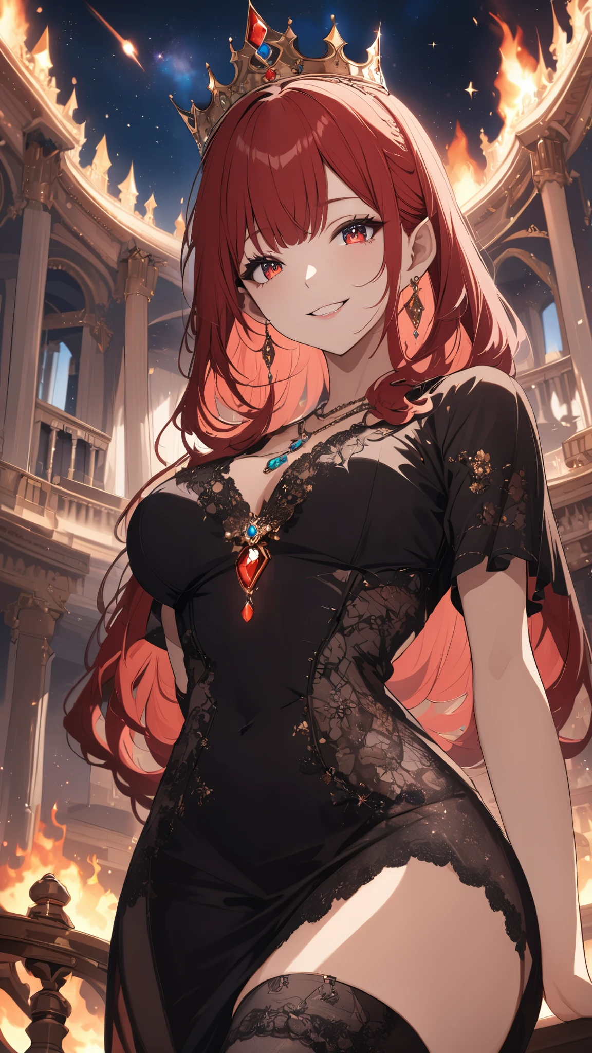 (masterpiece),(best quality),(super fine illustration),(beautiful and detailed eyes),{very detailed light},{painting},{{very fine 8K CG wallpaper}},anime,1girl,solo,beautiful detailed fire,beautiful detailed fire, palace,galaxy,gem,jewelry,necklace,crown,elf,smile,red hair,red eyes, low angle camera,