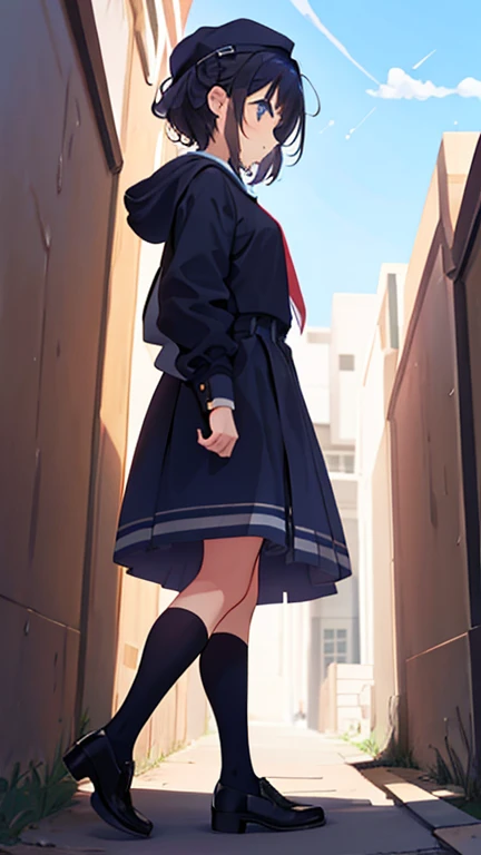 one girl,low angle shot,(from below:1.3),standing,Outdoors, fashionable street
