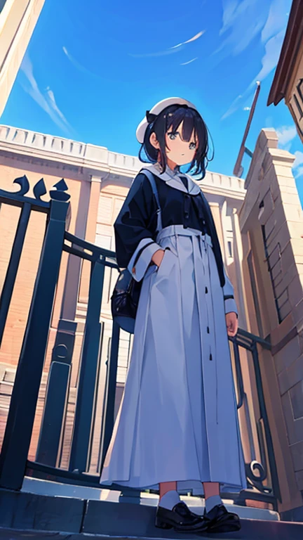 one girl,low angle shot,(from below:1.3),standing,Outdoors, fashionable street