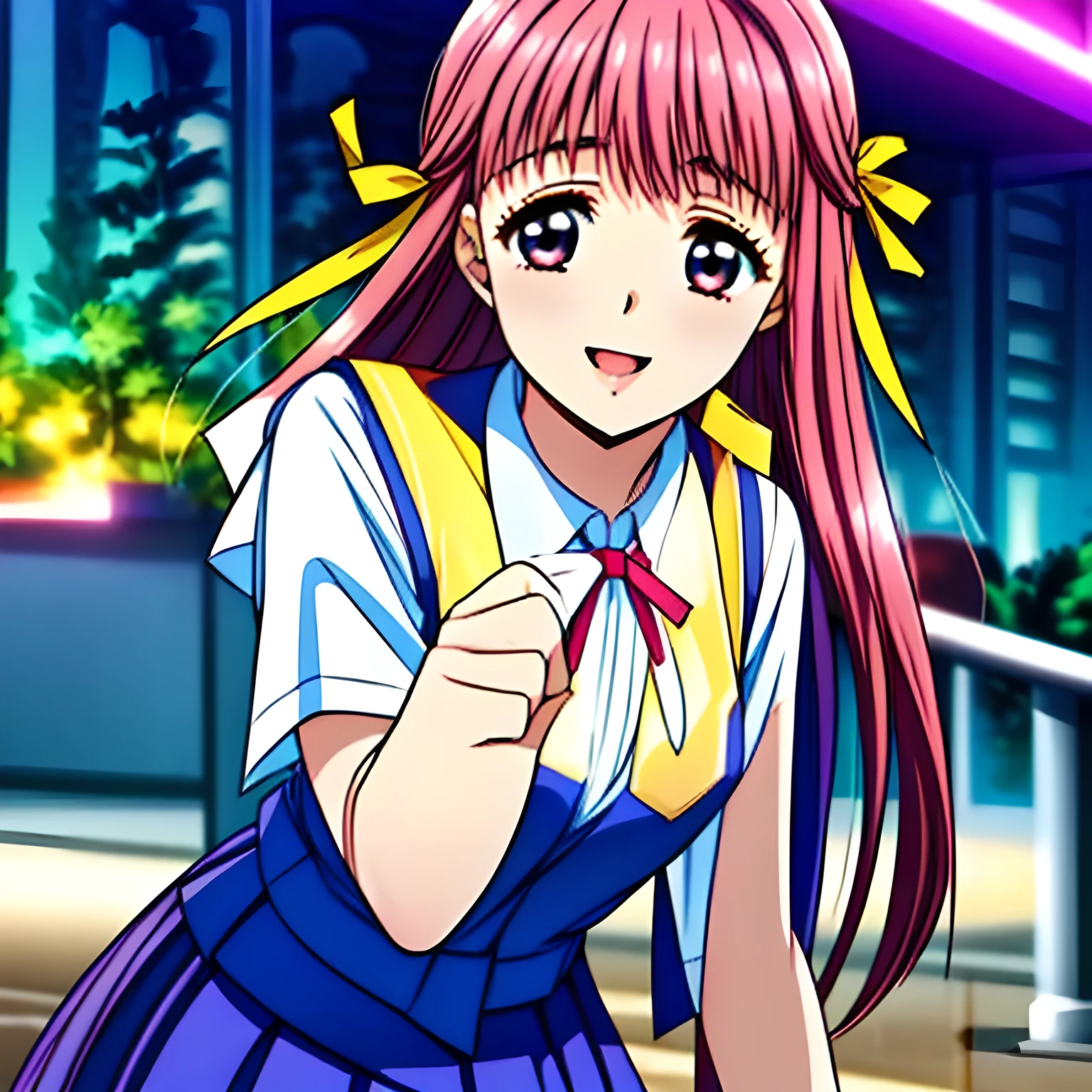 (highest quality, masterpiece:1.2), highest quality, High resolution, 1080P, 8k, (Very beautiful and delicately drawn high-resolution anime CG: 1.5), (A beautiful 15yo girl anime heroine, A very neat, very noble, pretty, pure girl is raising up from darkness: 1.4), (thin lines), Glossy lips, Evenly cut bangs, (beautiful blue eyes with detailed: 1.2), (Very beautiful and very long flowing pink hair: 1.2), (Noble blue school vest uniform, blue pleated noble skirt, white blouse: 1.6), (Big yellow cute wide ribbon on her chest), (Yellow hair ribbon clip: 1.0), (Giggling: 1.0), (Mouth is laughing and wide open as a game heroine: 1.0), (A beautiful body like a model), (Walking with a school bag, turning around), (long cute eyelashes: 1.4), ((thin droopy eyebrows: 1.4)), (giggling and calling me to invite me to her extreme happiness with her mouth widely open!: 1.6), (showing her very long tongue: 1.6), (laughing shy cheeks and lips, as if watching a comedy: 1.5), ((Very super long wavy hair is too much beautiful: 1.0)), (Tilting her head shyly), (Too beautiful women to stop falling into her, makes me crazy: 1.6), (She is in fact succubi and calling me with strong religious temptation, drops me into craziness: 1.2), (showing her palm to invite me: 1.2)