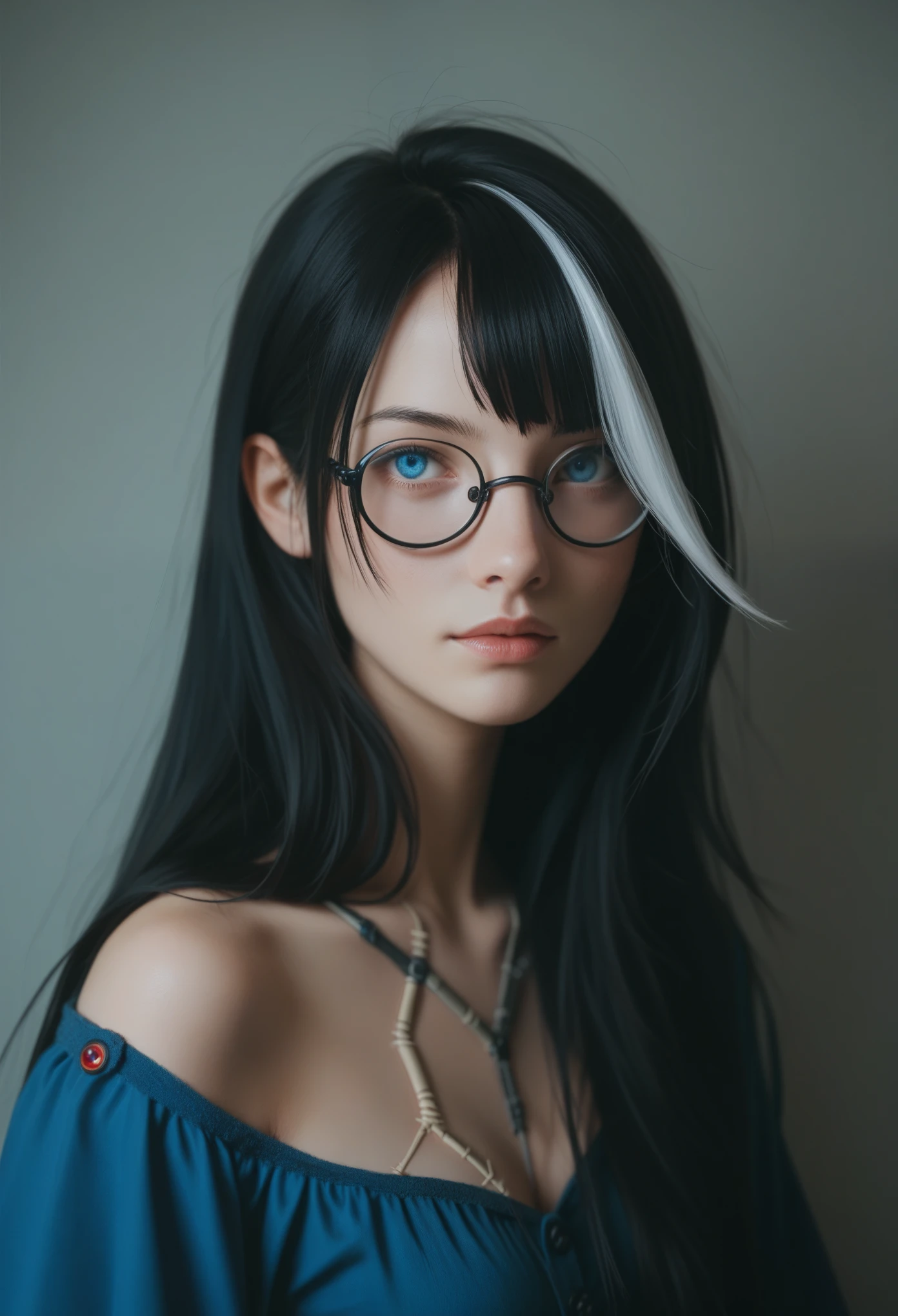evaroux, beautiful woman with long hair, streaked hair, stitches ,black hair, blue eyes, eyeglasses, (insanely detailed, masterpiece, best quality) cinematic lighting, photo has filigree like a hoto of 90's