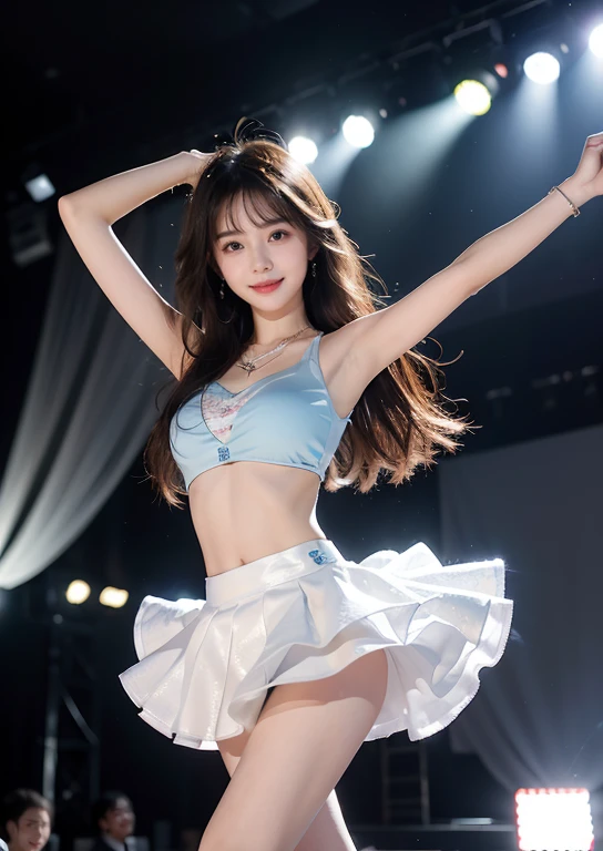 (8K、Raw photography、Photorealsitic:1.25)、1、(16 year old woman with beautiful perfect face、Expressing the joy of dancing with color)、Pose with legs raised high、Line Dance、lipgloss、long eyelashes beautiful look、shiny bare skin、top-quality、超A high resolution、Stage costumes with many jewels shining、Bask in the lights on the stage、a miniskirt、Photograph the whole body、Reduce depth of field