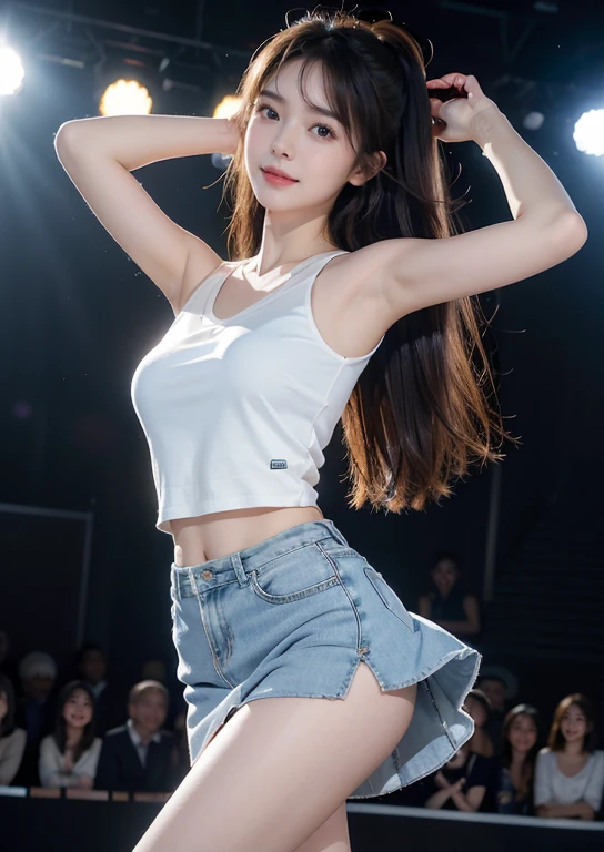 (8K、Raw photography、Photorealsitic:1.25)、1、(16 year old woman with beautiful perfect face、Expressing the joy of dancing with color)、Pose with legs raised high、Line Dance、lipgloss、long eyelashes beautiful look、shiny bare skin、top-quality、超A high resolution、Stage costumes with many jewels shining、Bask in the lights on the stage、a miniskirt、Photograph the whole body、Reduce depth of field