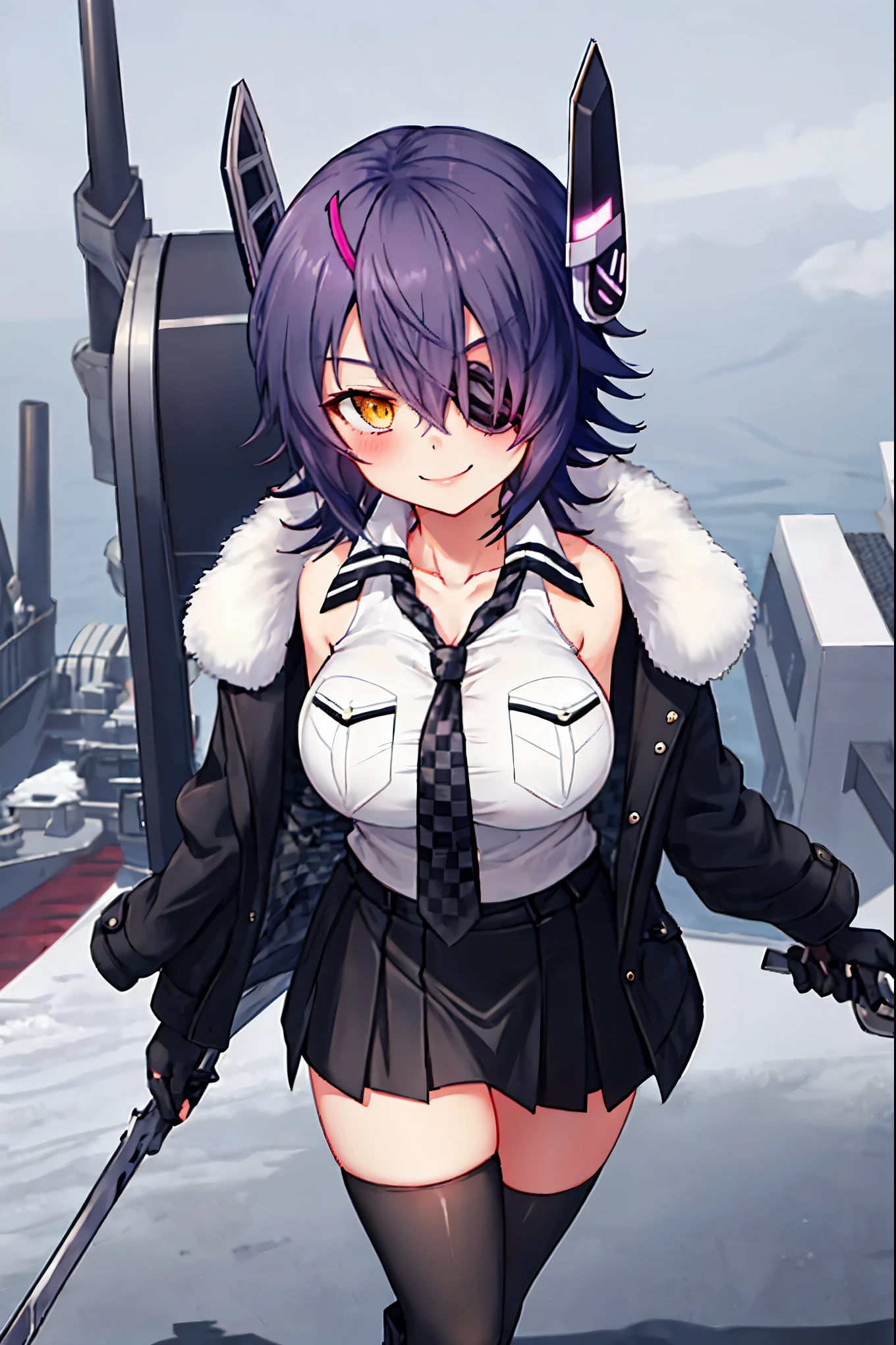 best quality, masterpiece, solo, {tenryuu_kantaicollection:1.15}, teen_girl, eyepatch, short_hair, purple_hair, yellow_eyes, headgear, breasts, necktie, large_breasts, smile, 1girl, blush, checkered_necktie, hair_over_one_eye, shirt, collared_shirt, white_shirt, jacket, sleeveless, brown_eyes, fur-trimmed_jacket, fur_trim, collarbone, looking_at_viewer, pocket, breast_pocket, ,, messy_hair, black_gloves, gloves, partially_fingerless_gloves,harbor_road_landscape_background,outdoor,short_skirt,thigh-highs,boots,sunlight,from_below,nihil