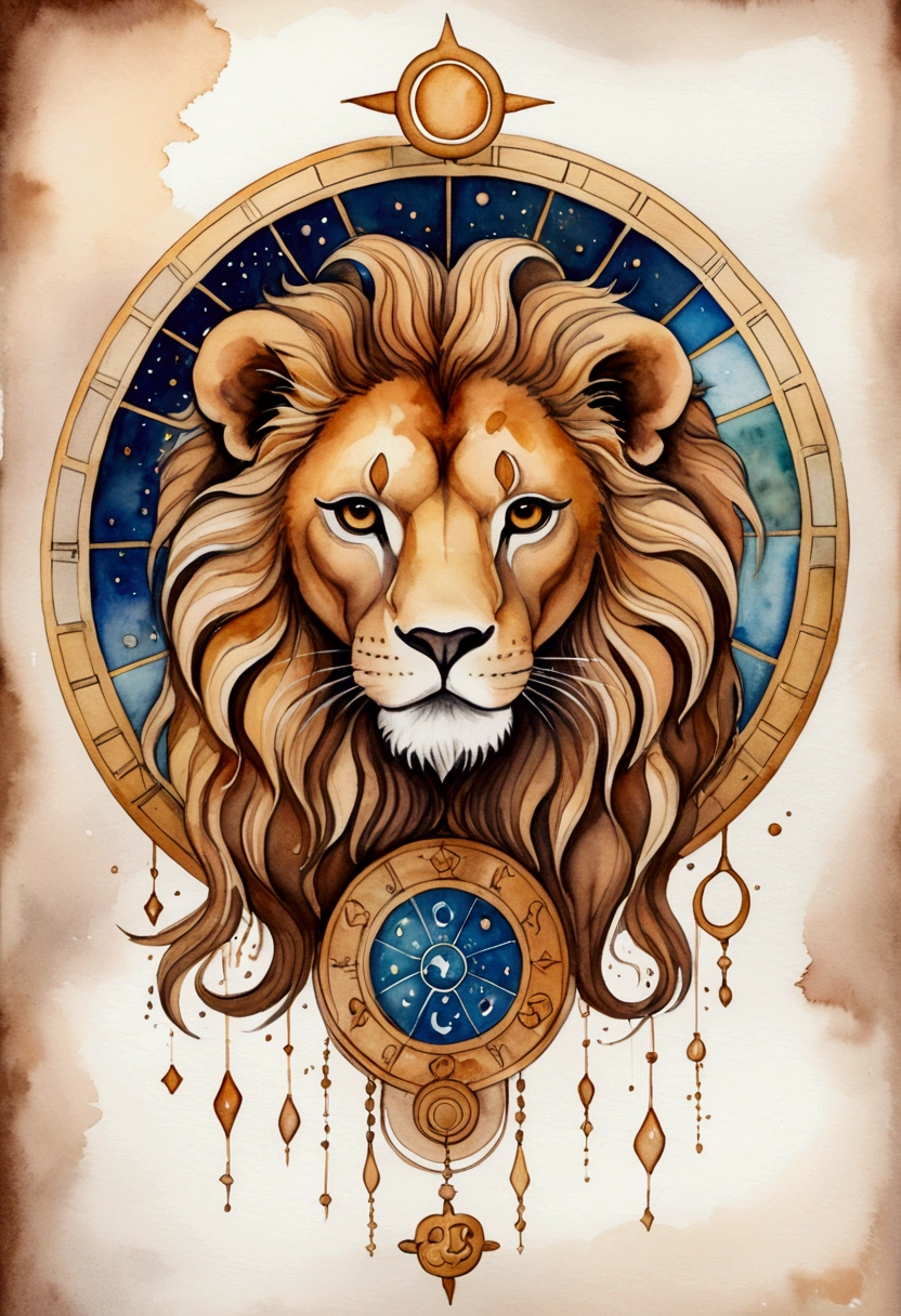 A painting of the zodiac sign Leo. Trend Aquarell, detailed, non-realistic rendering,  Streetstyle,  Astrology 