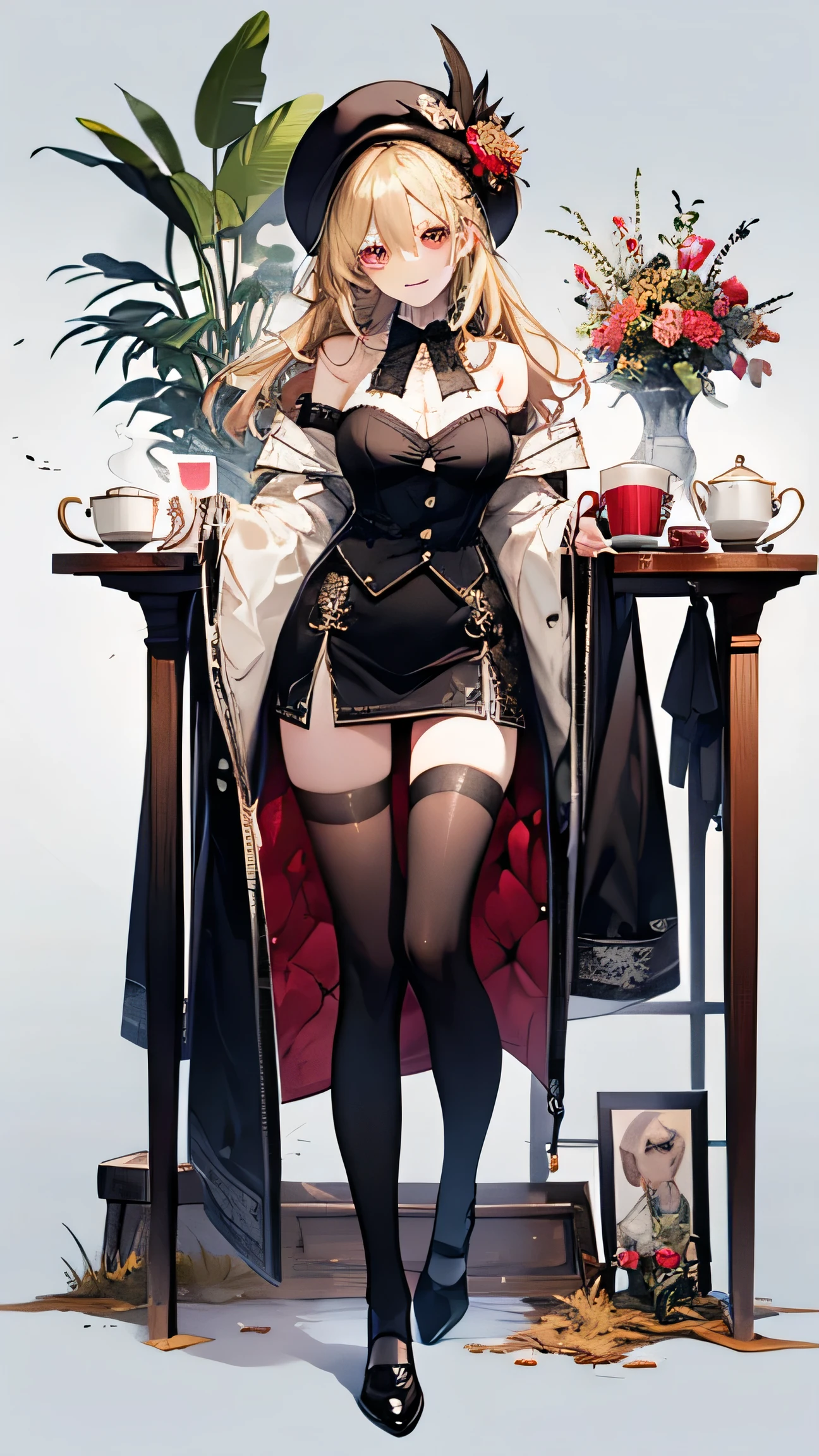 1girl, solo, bare shoulders, black footwear, black thighhighs, black vest, blonde hair, breasts, brown shirt, cup, dress, dress flower, fork, full body, hat, holding, holding tray, long hair, long sleeves, medium breasts, on chair, open mouth, plate, red eyes, saucer, saucer, shirt, shoes, simple background, smile, spoon, steam, tea, teacup, teapot, thighhighs, tongs, tray, vest