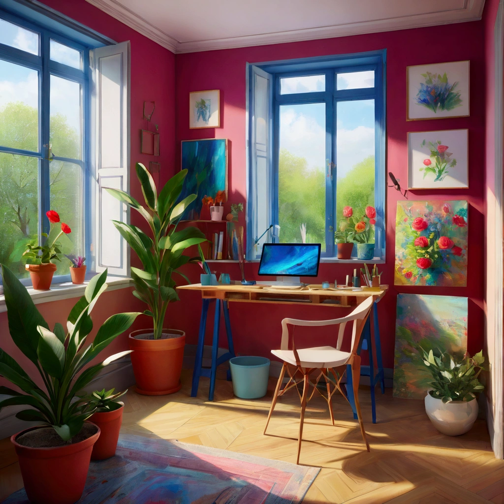 ((Inspired by Charles Camoin )), Impressionist Painting, a design studio, highly detailed, intricate background, elegant creative workspace, stylish modern interior, large windows, natural lighting, various art supplies and tools, computer setup, 3d printer, sketches and artworks on the walls, potted plants, warm color scheme,Shining fluorescent feeling,transparency,Textured Matte,Rose red,blue, (best quality,4K,8k,highres,masterpiece:1.2)