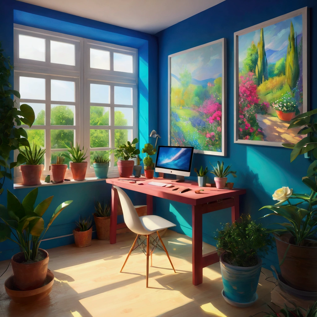 ((Inspired by Charles Camoin )), Impressionist Painting, a design studio, highly detailed, intricate background, elegant creative workspace, stylish modern interior, large windows, natural lighting, various art supplies and tools, computer setup, 3d printer, sketches and artworks on the walls, potted plants, warm color scheme,Shining fluorescent feeling,transparency,Textured Matte,Rose red,blue, (best quality,4K,8k,highres,masterpiece:1.2)