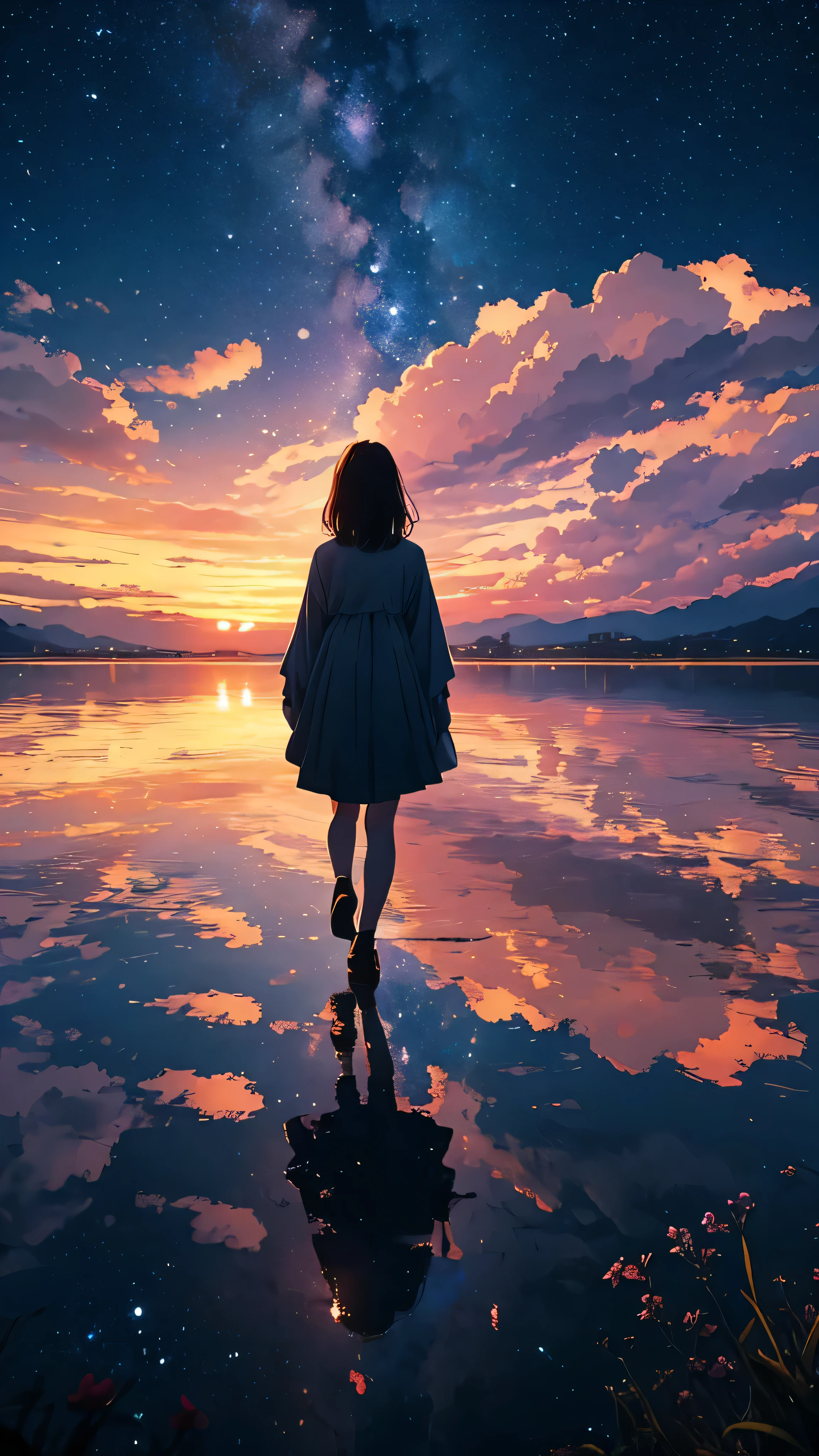 Every 夜空 carries the promise of a new dawn. Accept the outcome, Paving the way for a beautiful beginning. Nature painting. cloudy, sunset, A small woman is reflected in the photo.、Back view、Fantastic starry sky、