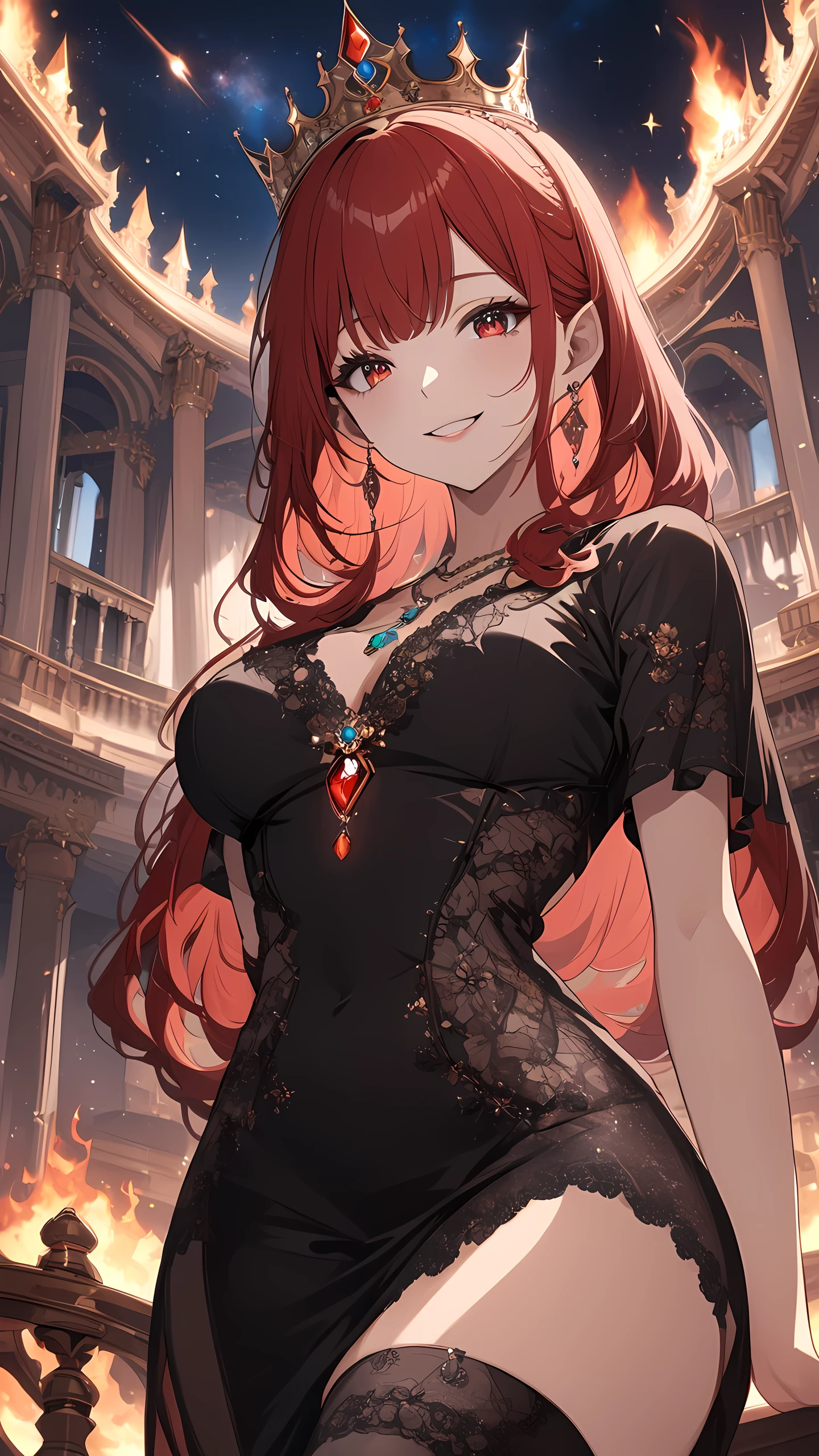 (masterpiece),(best quality),(super fine illustration),(beautiful and detailed eyes),{very detailed light},{painting},{{very fine 8K CG wallpaper}},anime,1girl,solo,beautiful detailed fire,beautiful detailed fire, palace,galaxy,gem,jewelry,necklace,crown,elf,smile,red hair,red eyes, low angle camera,