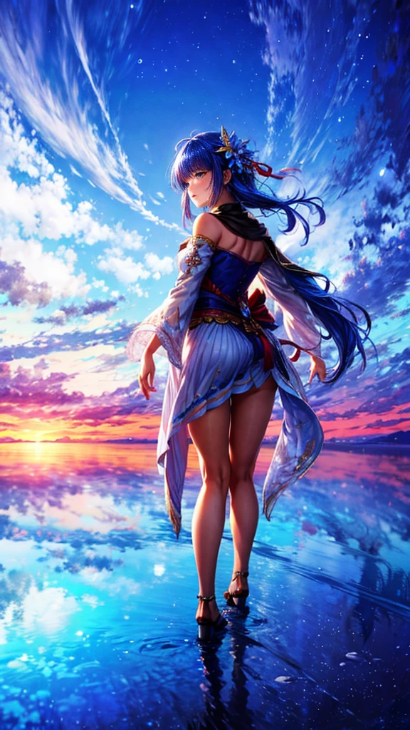 1girl, looking up at the sky, vast landscape, blue sky, outdoor, backview, flowers at her feet, wind blowing hair, reflection on water surface, anime style, detailed facial features, beautiful eyes, cute expression, Serene, peaceful, dreamlike, vibrant colors, soft lighting, high quality, 8k, photorealistic, masterpiece, digital art,masterpiece,best quality,ultra detailed,high-resolution,8k portrait,unity 8k wallpaper,extremely detailed CG unity 8k wallpaper、mysterious、Fantasy
