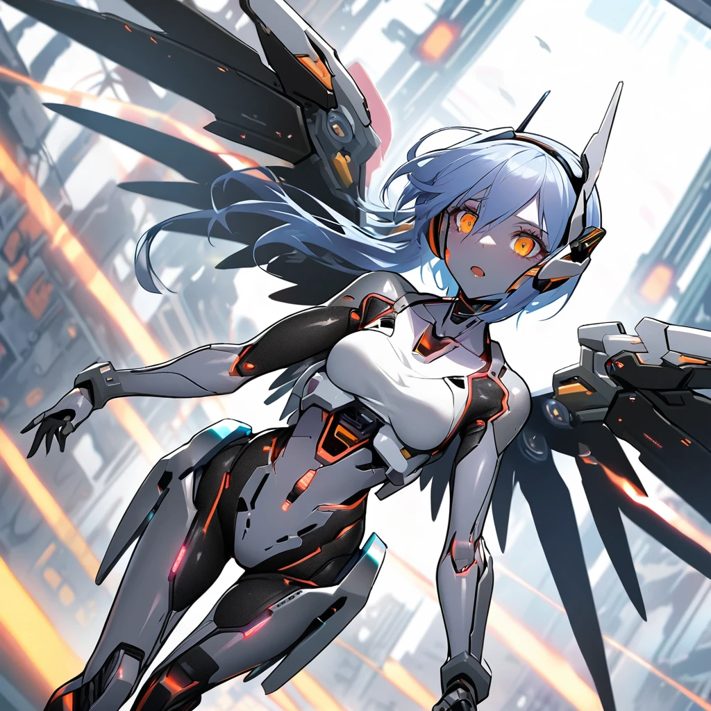 (sfw), intricate details, 1girl, night, (bright neon colors), ((flying over futuristic cyberpunk city)), detailed background, (petite cyborg girl, ((cute perfect face, bright glowing red eyes)), (perfect anatomy, petite perky breasts), (absurdly long gradient orange and white hair, hair blowing in the wind)), detailed ribbed impossible bodysuit, shoulder armor, cybernetic limbs, dynamic angle, <lora:aMechaMusumeA_arc:0.5>