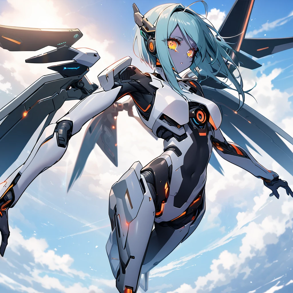 science fiction, android girl(full metal skin, cyber joint, metal hair), over the sky, flight wings,