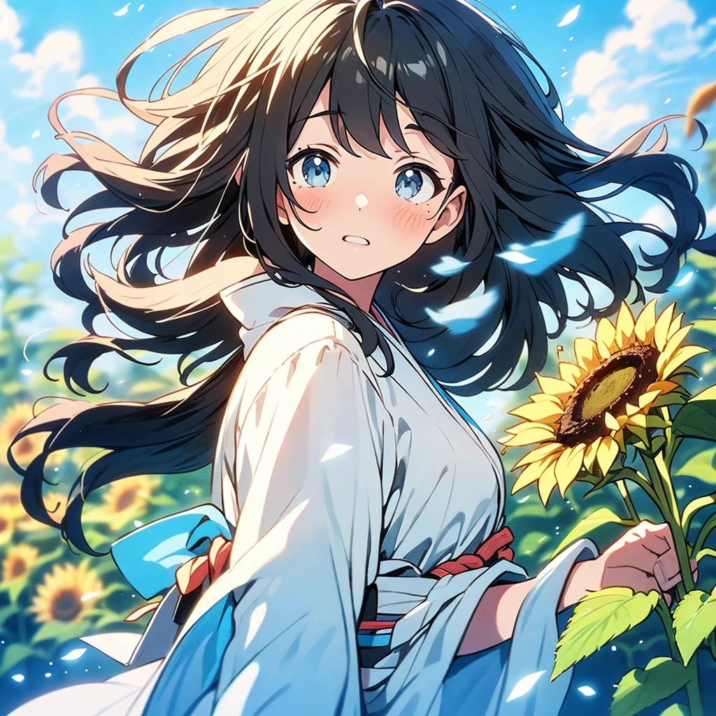The composition of fictional characters, Dressed in young blue flowers, surrounded by sunflowers, The protagonist, with his eyes open, his hair blown by the wind, and the sun heals, close-up monochrome painting, cute, dreamy, oil painting style, acrylic paint,, Japanese, interesting concept, interesting drawing - ar 3:4 -s 20 -niji 5  