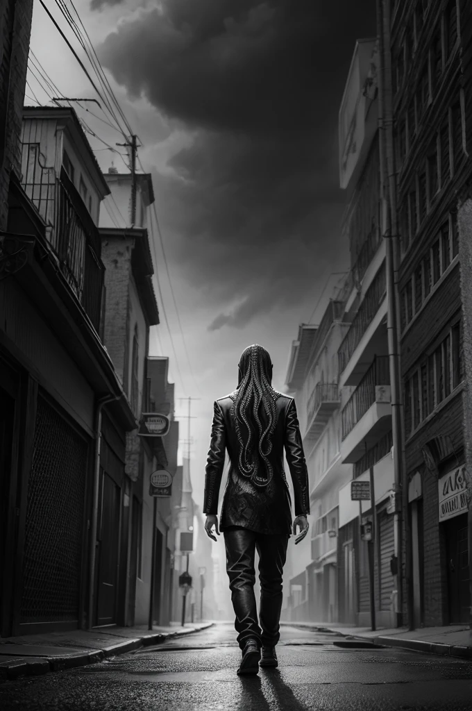 A man wandering down an empty street Surrealism Lovecraft dark Imaginable black and white Tentacles Super detailed realistic HQ style drawn Lots of details, 4K, masterpiece