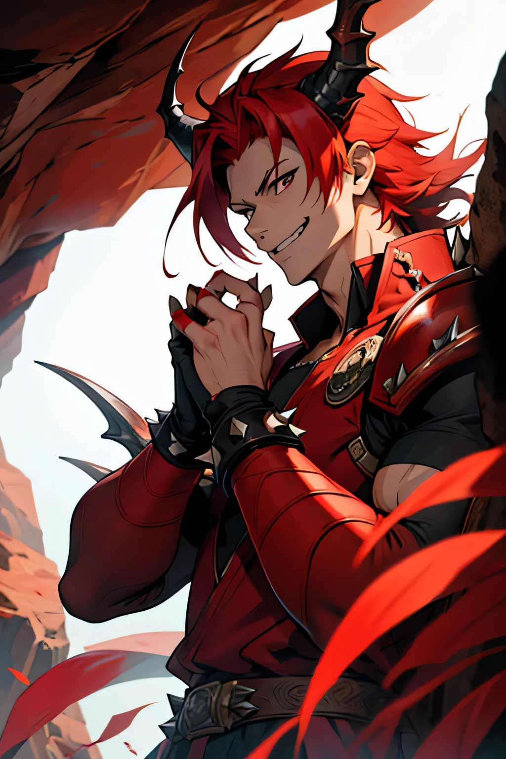 man, spiky red hair, anime style, smile, white skin, hands in dragon claws, background inside a cave, hybrid, half human half dragon, red scales covering hands