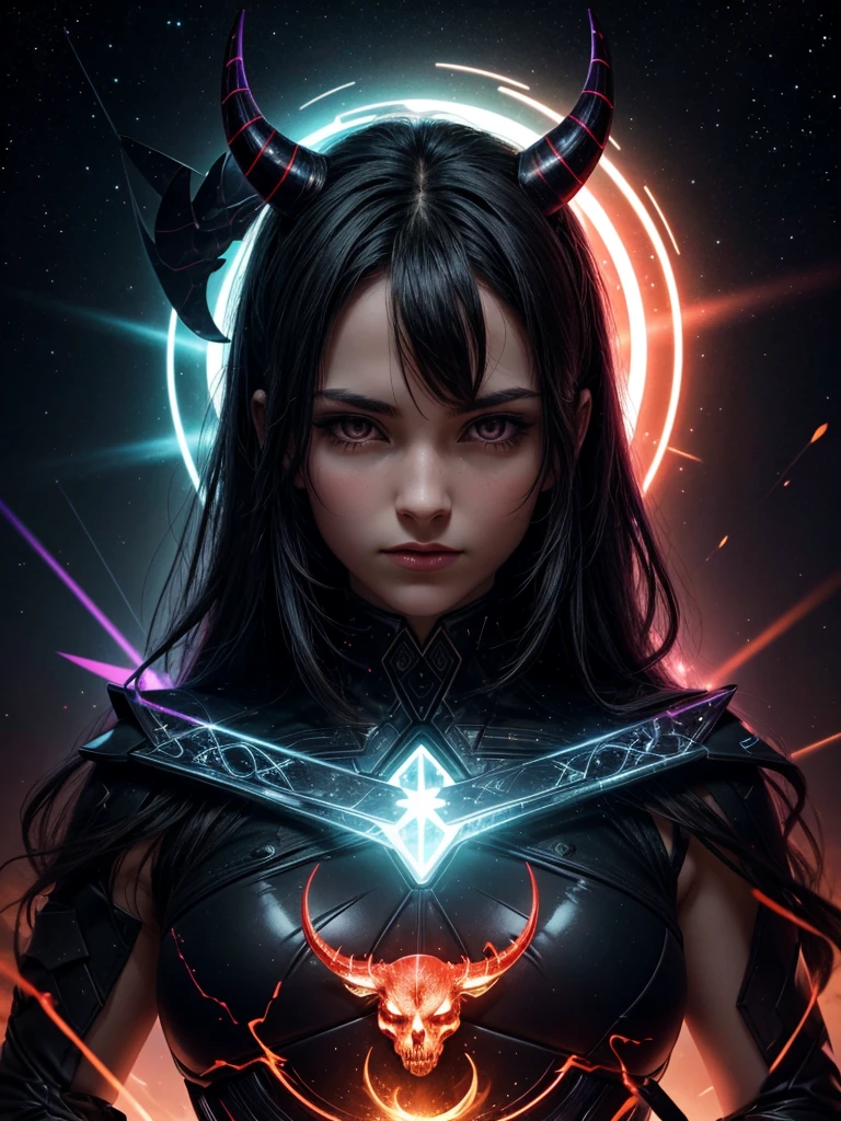 Communicate subtle yet powerful intent through cueest quality,4K,high resolution,realisticlying,Ultra-detailed,Realistic lighting,vivd colour.pixelated style,(glowing red,cross glow,((Black and white horned devil)),Interstellar hazy background,polished,light composition,rainbow,rainbow around skull,Energetic,Various structural force effect illustrations,Glorious circular composition,Lonely,GBA portrait,magical decorative elementrilliant Decoration Combination,