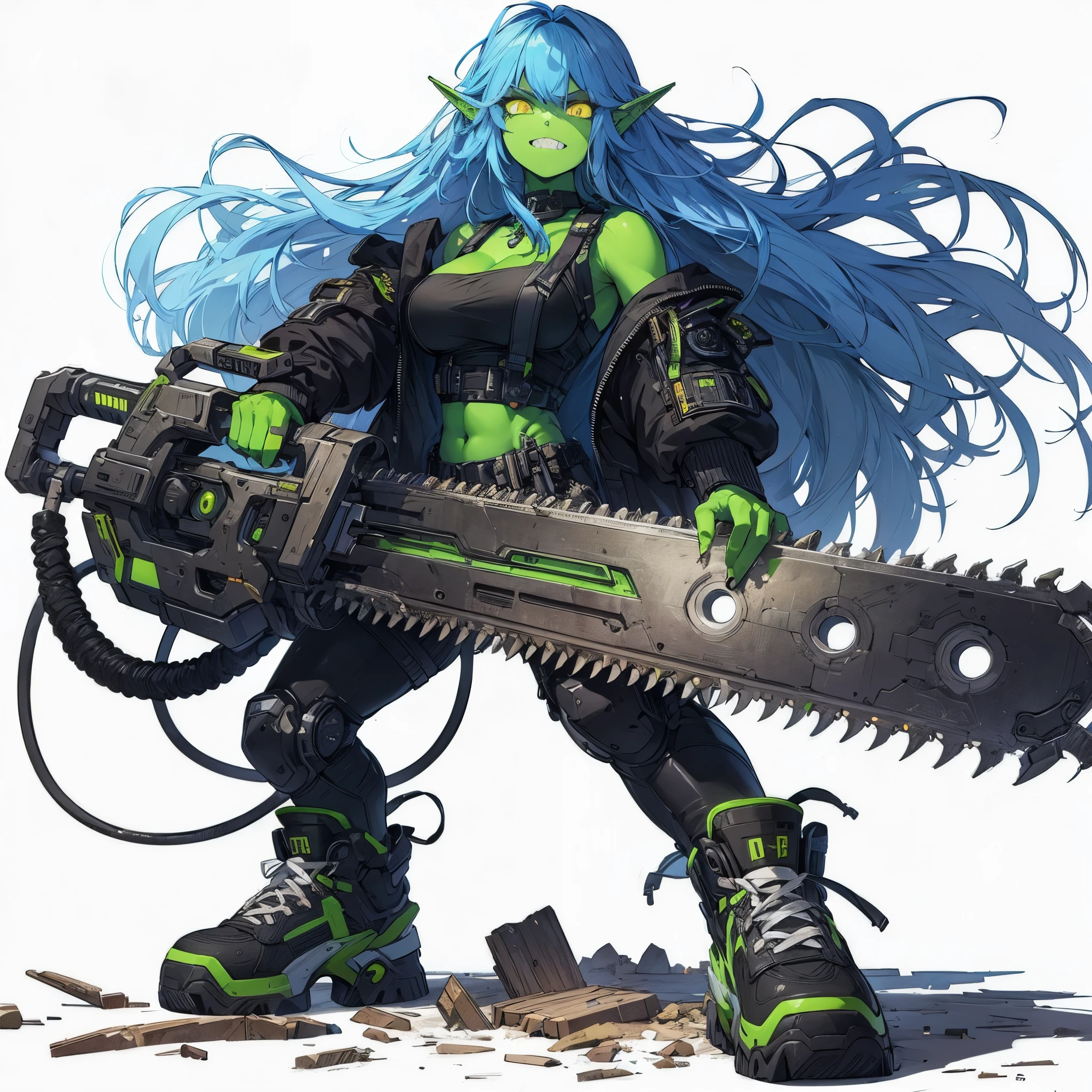(masterpiece, Best Quality), (detailed hairs), Ultra-detailed, anime like illustration style, Full body, whole body, solo, Cyberpunk orc lady, wearing a Cyberpunk suit, night blue hair and yellow eyes, JAGGED-TEETH, pale green skin, holds a hi-tech machine cleaver sword, wears high tech sneakers, ultra-massive, tall stylish, VERY MASSIVE. Muscular body shape, White background, standing full length, standing on wasted earth,