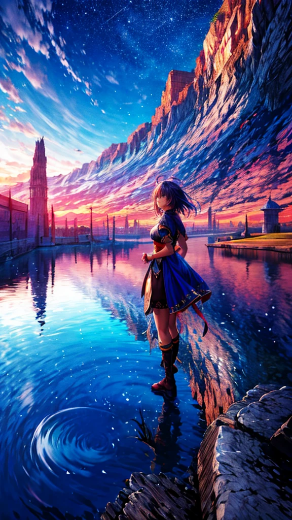 1girl, looking up at the sky, vast landscape, blue sky, outdoor, backview, flowers at her feet, wind blowing hair, reflection on water surface, anime style, detailed facial features, beautiful eyes, cute expression, Serene, peaceful, dreamlike, vibrant colors, soft lighting, high quality, 8k, photorealistic, masterpiece, digital art,masterpiece,best quality,ultra detailed,high-resolution,8k portrait,unity 8k wallpaper,extremely detailed CG unity 8k wallpaper、mysterious、Fantasy
