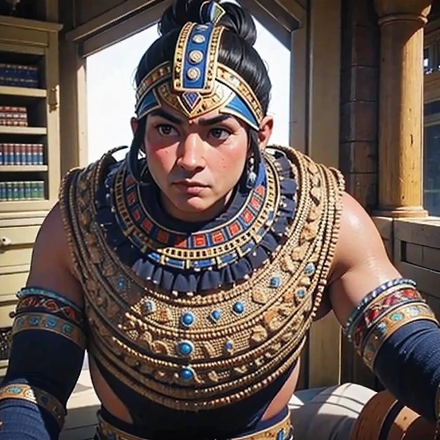 A man in costume、Close-up of man wearing large headdress, Revelation, movie still of aztec cyborg, mayan jaguar warrior, scene from live action , wearing tribal armor, mexican warrior, still from a live action movie, Mohawk, an aztec warrior, an an aztec warrior, an aztec warrior, still from a fantasy movie, Movie screen shot, 